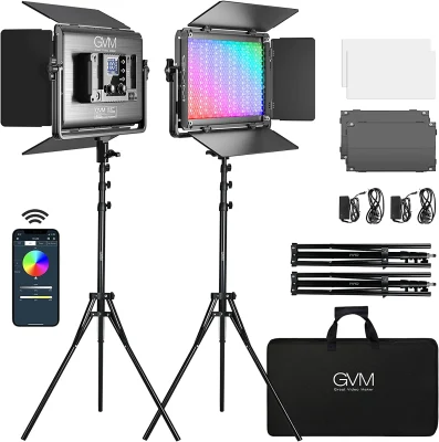 Luz de vídeo GVM 1300d RGB LED, kit de iluminação de vídeo de 65 W com controle Bluetooth, 25000 lux/0,5 m, 2 pacotes de luz de painel de LED para estúdio do Youtube, gravação de vídeo